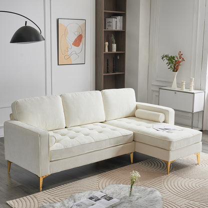 218*141*87cm 3-Seater With Footstool Chenille Rhombus Electroplated Golden Tripod Legs Indoor Modular Sofa Beige