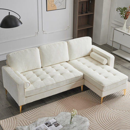 218*141*87cm 3-Seater With Footstool Chenille Rhombus Electroplated Golden Tripod Legs Indoor Modular Sofa Beige