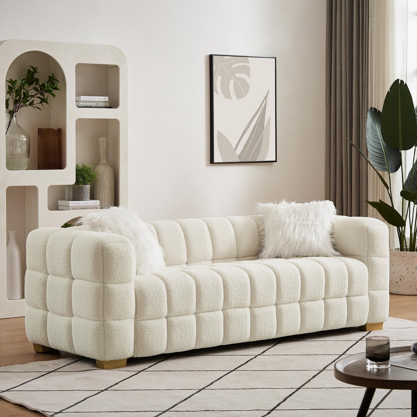 (Beige) Wide Square Arm Teddy Velvet Rectangular Sofa, 2 Pillows