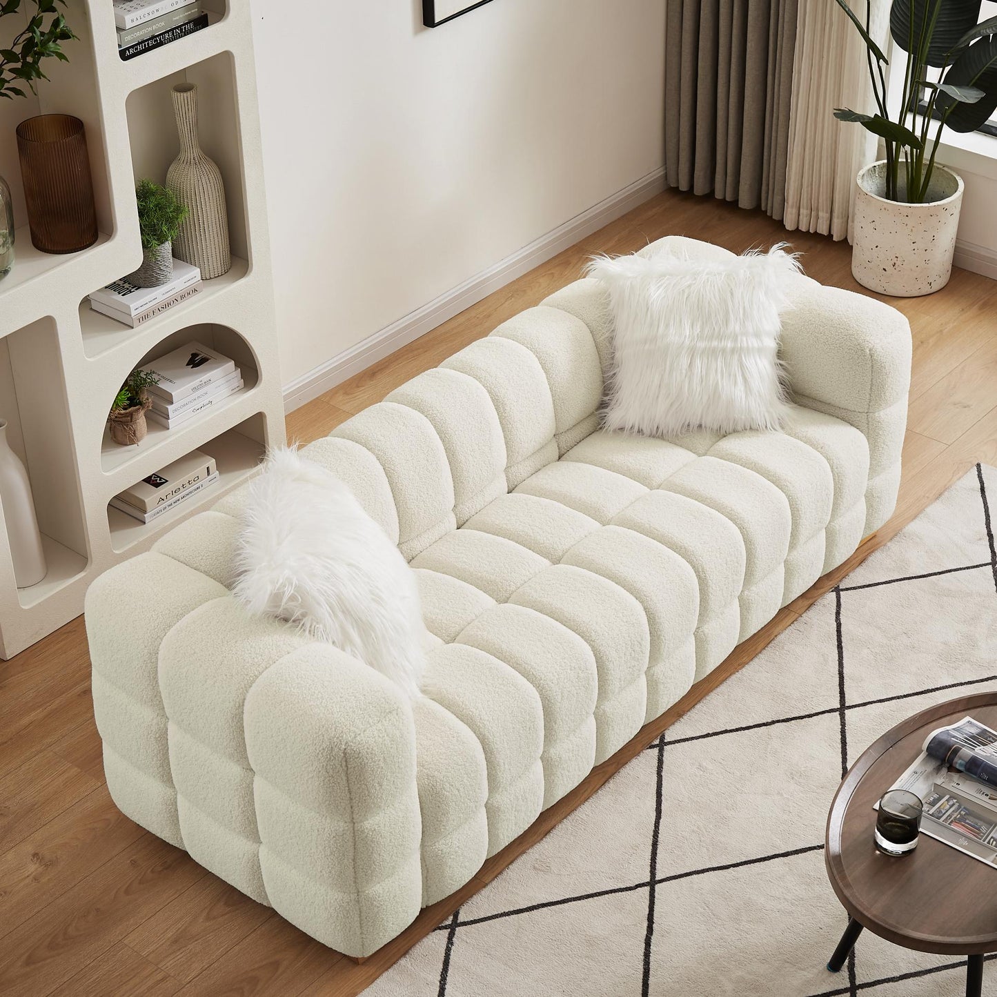 (Beige) Wide Square Arm Teddy Velvet Rectangular Sofa, 2 Pillows