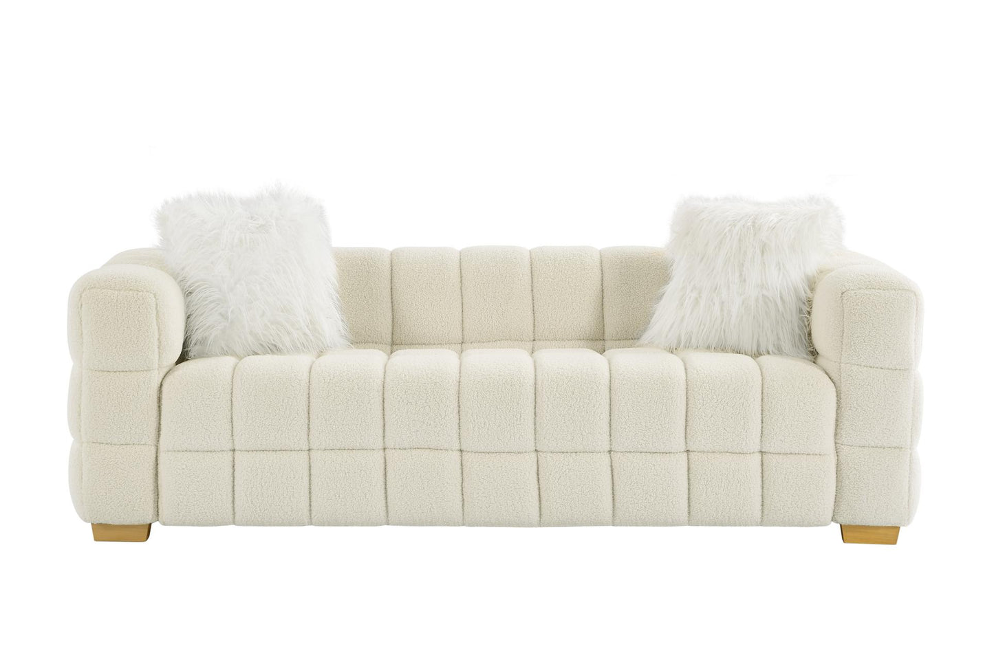 (Beige) Wide Square Arm Teddy Velvet Rectangular Sofa, 2 Pillows