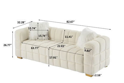(Beige) Wide Square Arm Teddy Velvet Rectangular Sofa, 2 Pillows