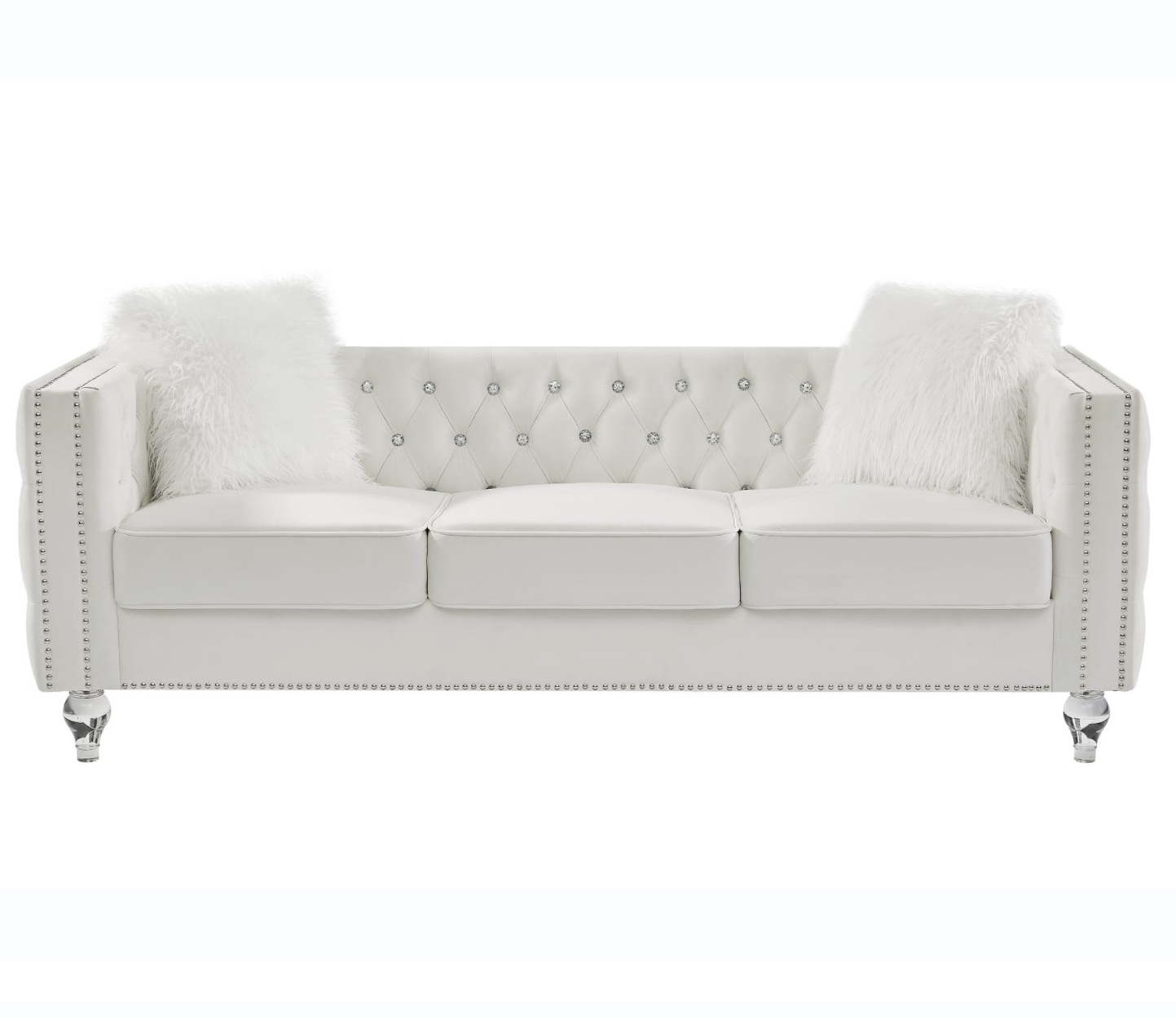 Beige, Three-seater Sofa, Velvet Crystal Buckle Upholstery Sofa, Crystal Feet, Removable Cushion, Two Plush Pillow