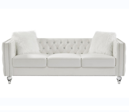 Beige, Three-seater Sofa, Velvet Crystal Buckle Upholstery Sofa, Crystal Feet, Removable Cushion, Two Plush Pillow