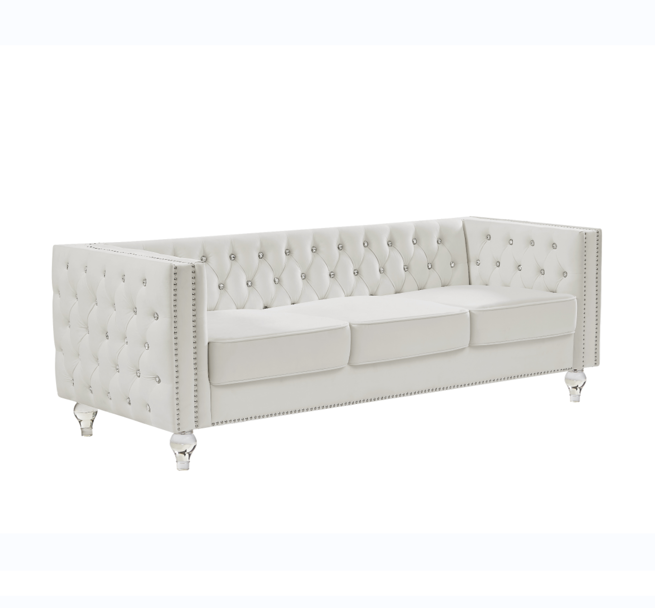 Beige, Three-seater Sofa, Velvet Crystal Buckle Upholstery Sofa, Crystal Feet, Removable Cushion, Two Plush Pillow