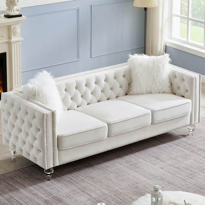 Beige, Three-seater Sofa, Velvet Crystal Buckle Upholstery Sofa, Crystal Feet, Removable Cushion, Two Plush Pillow