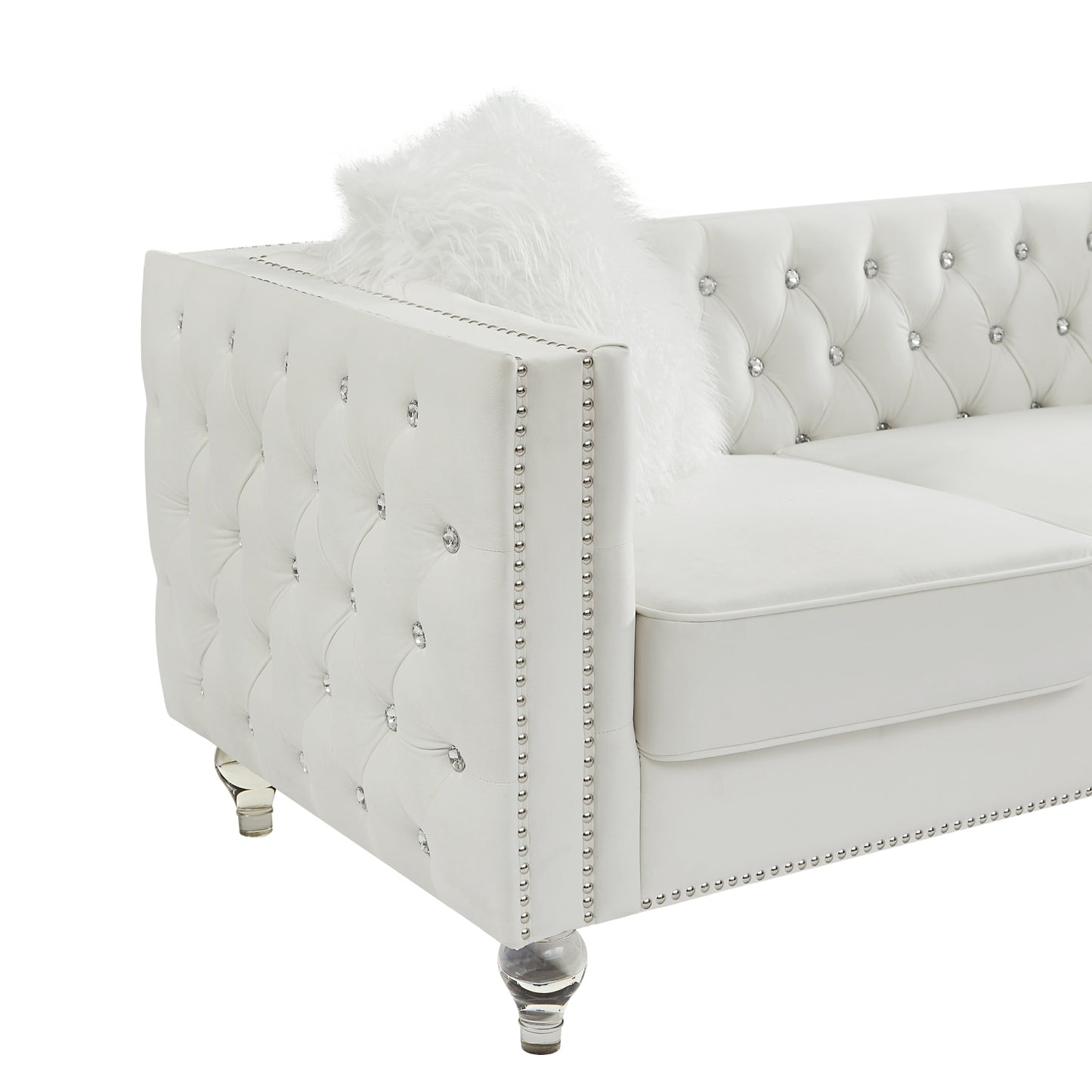 Beige, Three-seater Sofa, Velvet Crystal Buckle Upholstery Sofa, Crystal Feet, Removable Cushion, Two Plush Pillow
