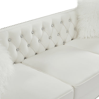 Beige, Three-seater Sofa, Velvet Crystal Buckle Upholstery Sofa, Crystal Feet, Removable Cushion, Two Plush Pillow
