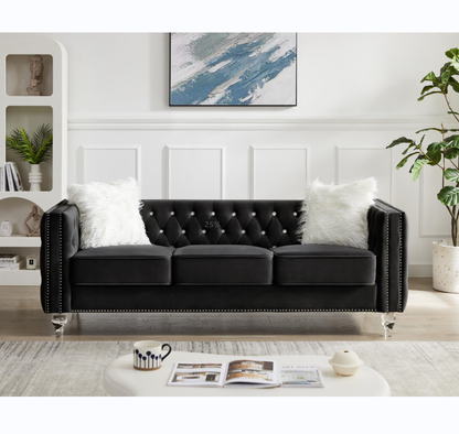 Beige, Three-seater Sofa, Velvet Crystal Buckle Upholstery Sofa, Crystal Feet, Removable Cushion, Two Plush Pillow