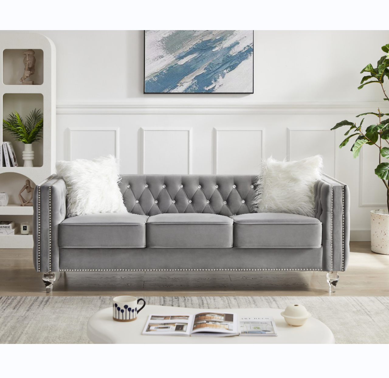 Beige, Three-seater Sofa, Velvet Crystal Buckle Upholstery Sofa, Crystal Feet, Removable Cushion, Two Plush Pillow