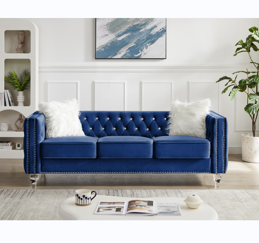 Beige, Three-seater Sofa, Velvet Crystal Buckle Upholstery Sofa, Crystal Feet, Removable Cushion, Two Plush Pillow