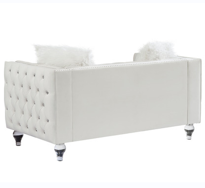 Beige, Two-seater Sofa, Velvet Crystal Buckle Upholstery Sofa, Crystal Feet, Removable Cushion, Two Plush Pillow
