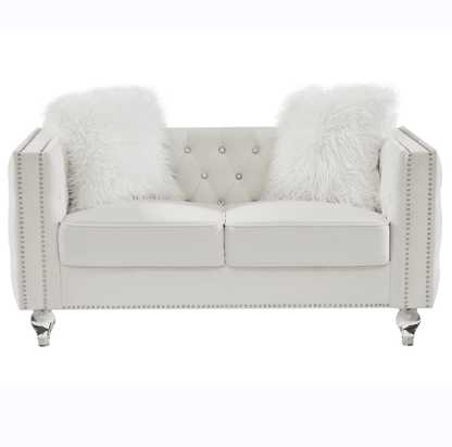 Beige, Two-seater Sofa, Velvet Crystal Buckle Upholstery Sofa, Crystal Feet, Removable Cushion, Two Plush Pillow