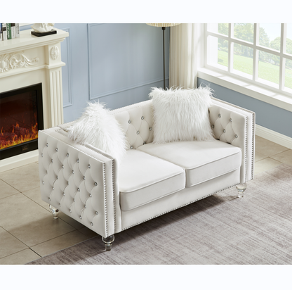 Beige, Two-seater Sofa, Velvet Crystal Buckle Upholstery Sofa, Crystal Feet, Removable Cushion, Two Plush Pillow
