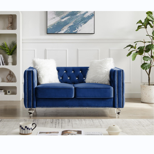 Beige, Two-seater Sofa, Velvet Crystal Buckle Upholstery Sofa, Crystal Feet, Removable Cushion, Two Plush Pillow