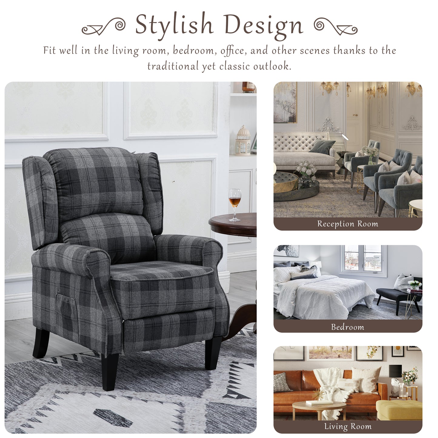 Modern Comfortable Upholstered Leisure Chair Multifunctional Recliner Chair Single Sofa with Footrest, Grey Check