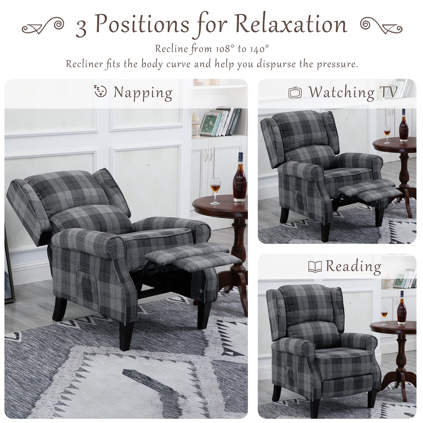 Modern Comfortable Upholstered Leisure Chair Multifunctional Recliner Chair Single Sofa with Footrest, Grey Check