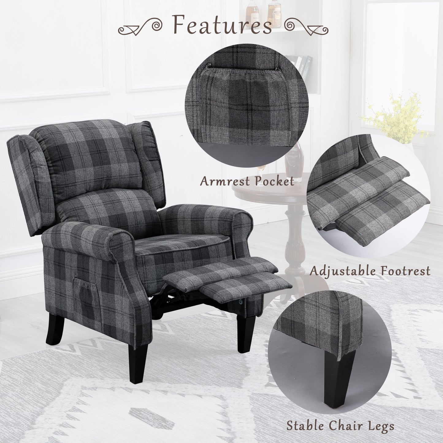 Modern Comfortable Upholstered Leisure Chair Multifunctional Recliner Chair Single Sofa with Footrest, Grey Check