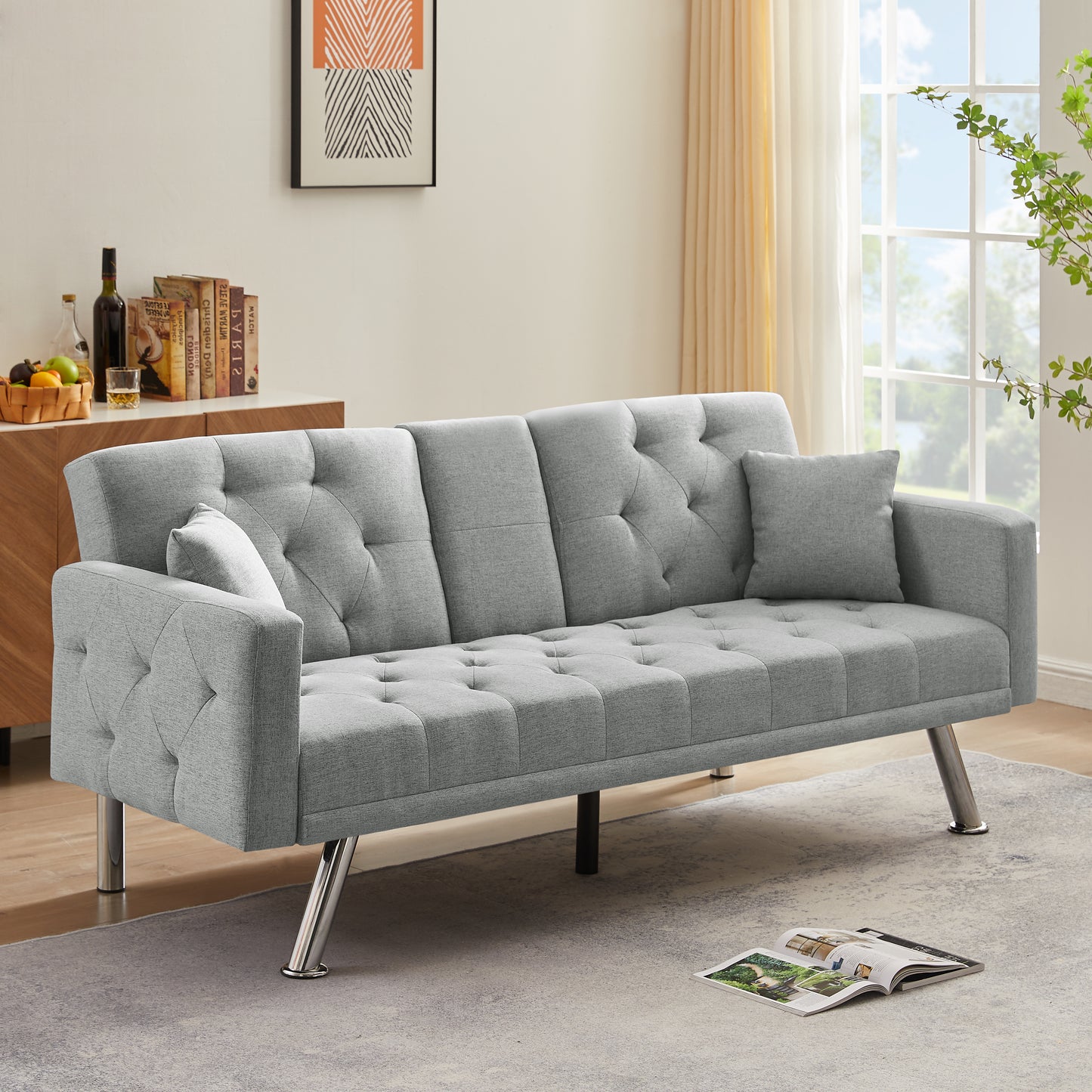 Multi-functional linen sofa bed-Beige