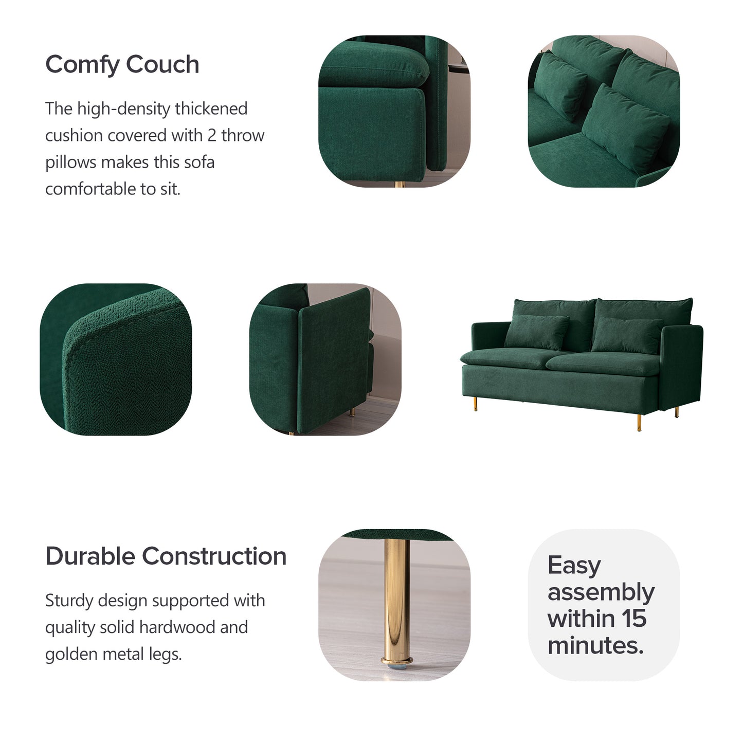 Modern Upholstered Loveseat Sofa,Emerald Cotton Linen---63.8"