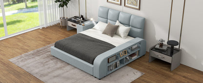 Queen Size Upholstered Platform Bed with Multimedia Nightstand and Storage Shelves, Gray