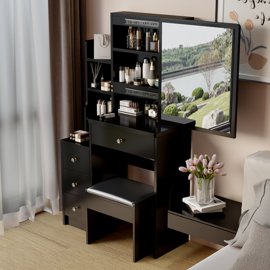 Compact bedside cabinet vanity table with storage and stool