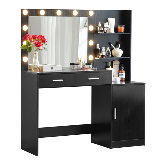 Black vanity desk with LED mirror and adjustable lighting