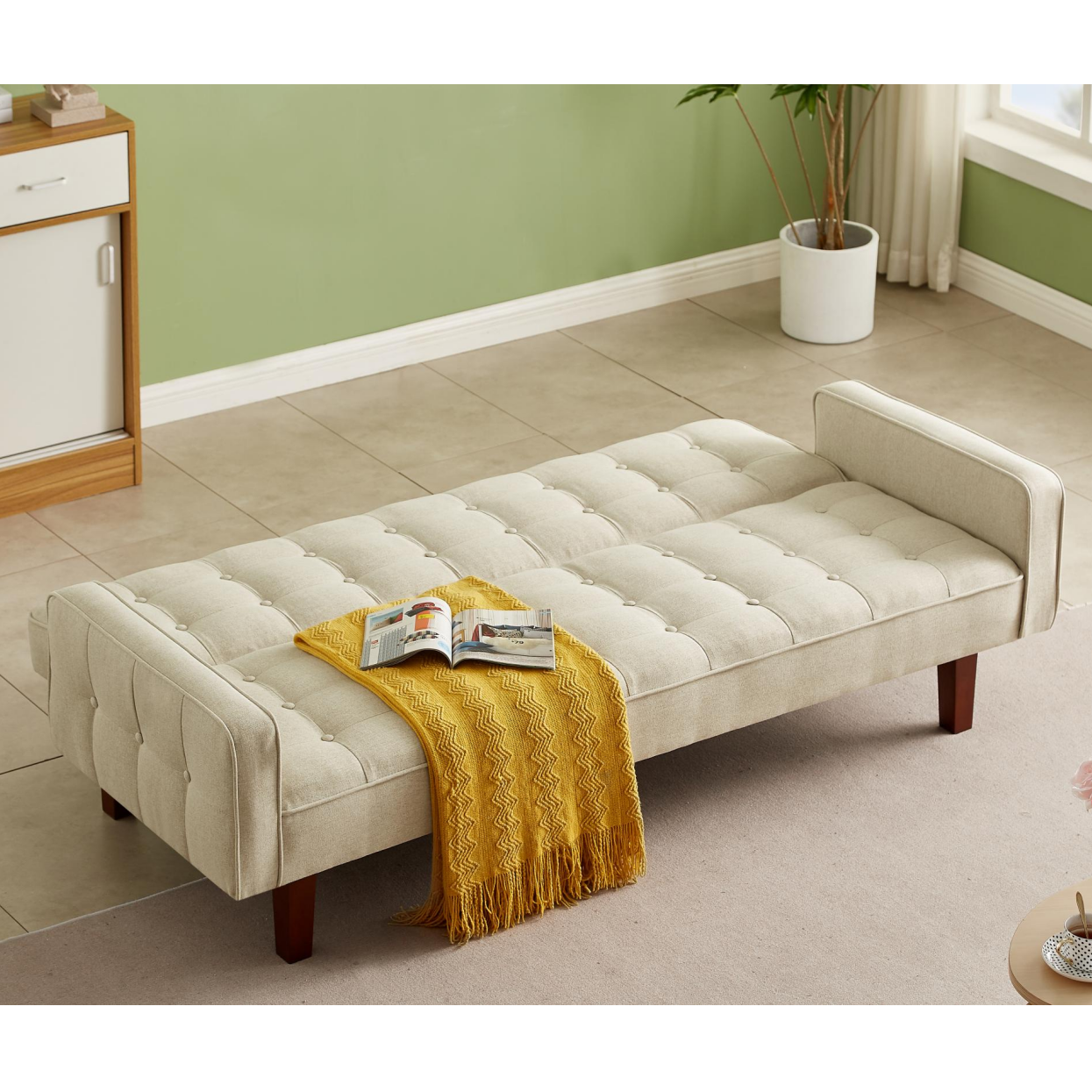 Beige, Linen Futon Sofa Bed 73.62 Inch Fabric Upholstered Convertible Sofa Bed, Minimalist Style for Living Room, Bedroom.