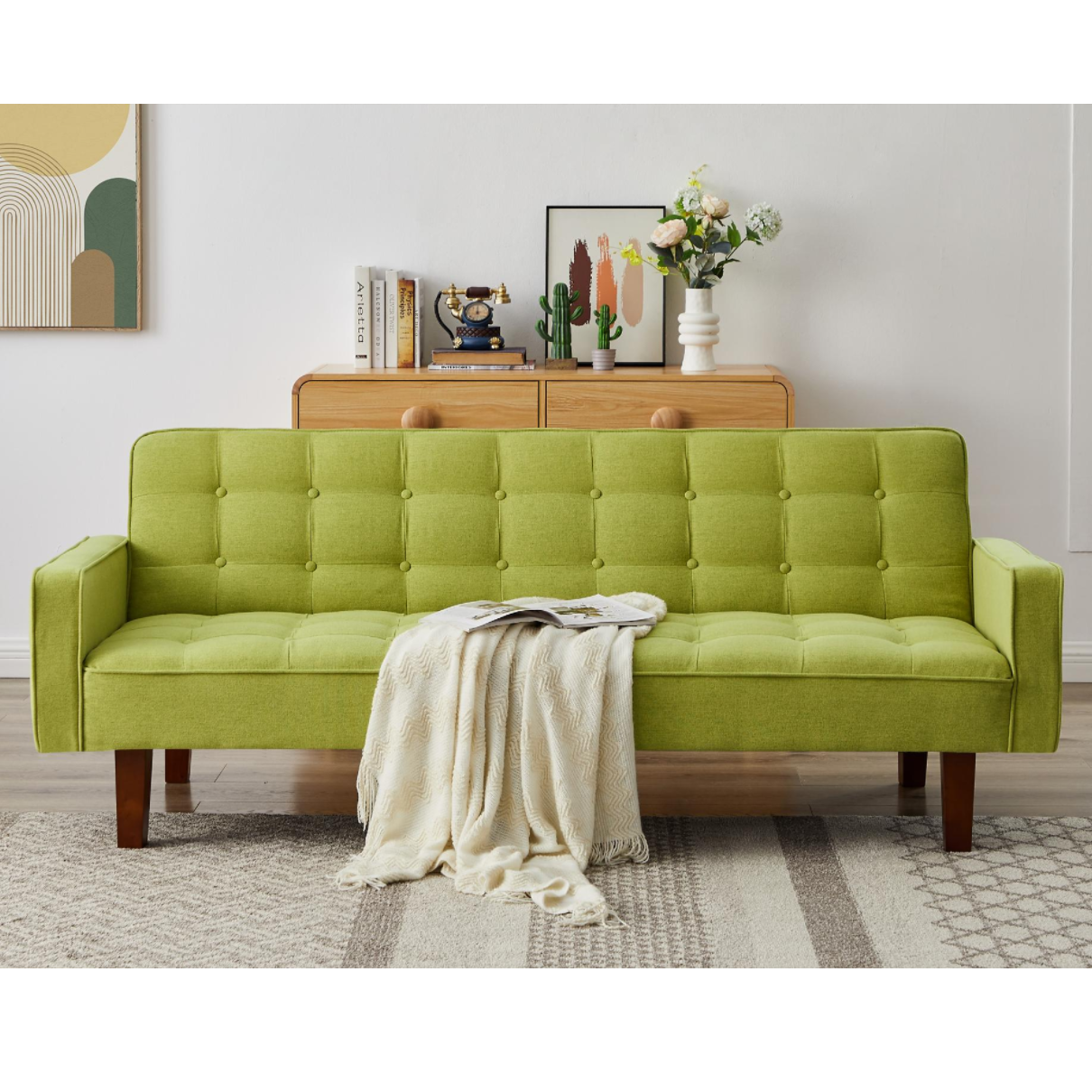 Beige, Linen Futon Sofa Bed 73.62 Inch Fabric Upholstered Convertible Sofa Bed, Minimalist Style for Living Room, Bedroom.