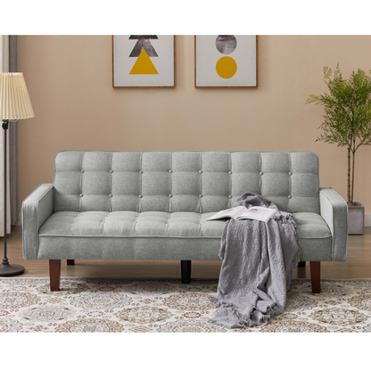 Beige, Linen Futon Sofa Bed 73.62 Inch Fabric Upholstered Convertible Sofa Bed, Minimalist Style for Living Room, Bedroom.
