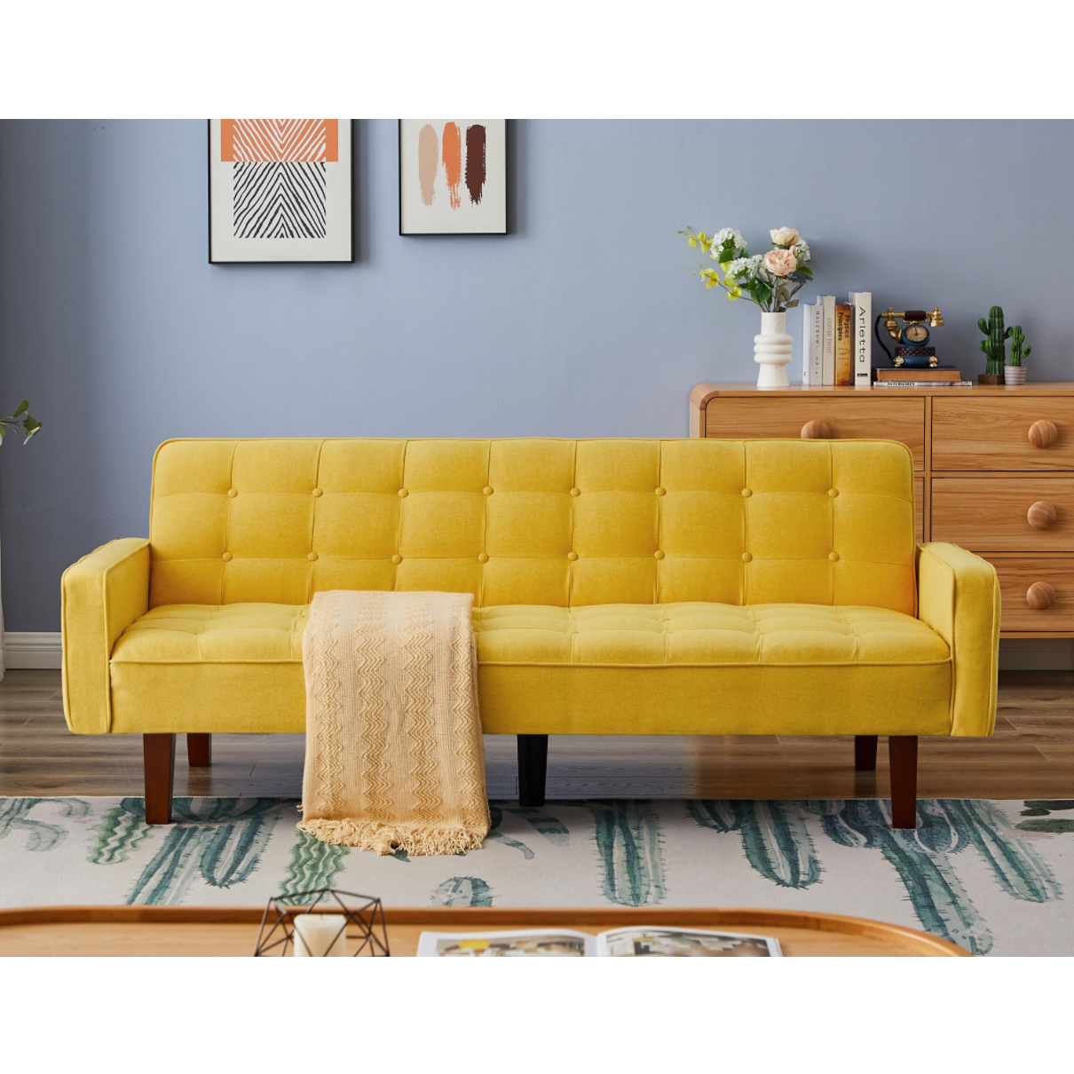 Beige, Linen Futon Sofa Bed 73.62 Inch Fabric Upholstered Convertible Sofa Bed, Minimalist Style for Living Room, Bedroom.