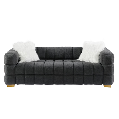(Grey) Wide Square Arm Teddy Velvet Rectangular Sofa, 2 Pillows