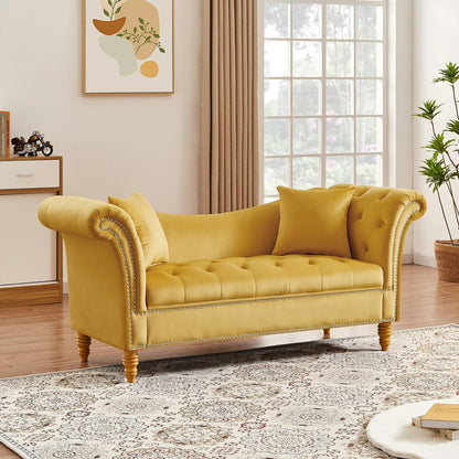 Velvet Sofa Stool with 2 Pillows in Beige, With Storage Space, Suitable for Living Room And Lounge