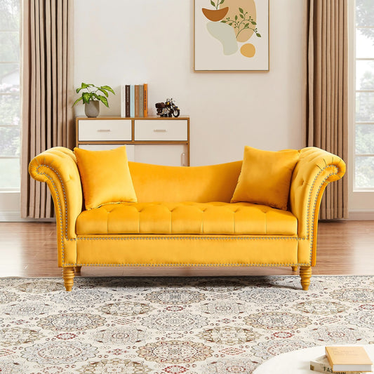 Velvet Sofa Stool with 2 Pillows in Beige, With Storage Space, Suitable for Living Room And Lounge