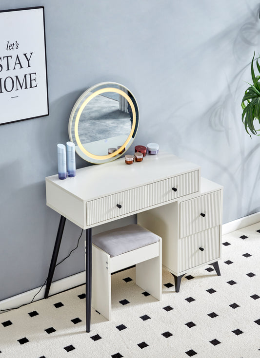 Fluted makeup vanity desk with round LED mirror and glass top