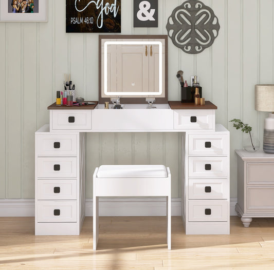 Space-saving vanity desk with dimmable LED and flip-up mirror