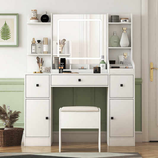 Modern vanity desk with LED mirror and integrated drawers