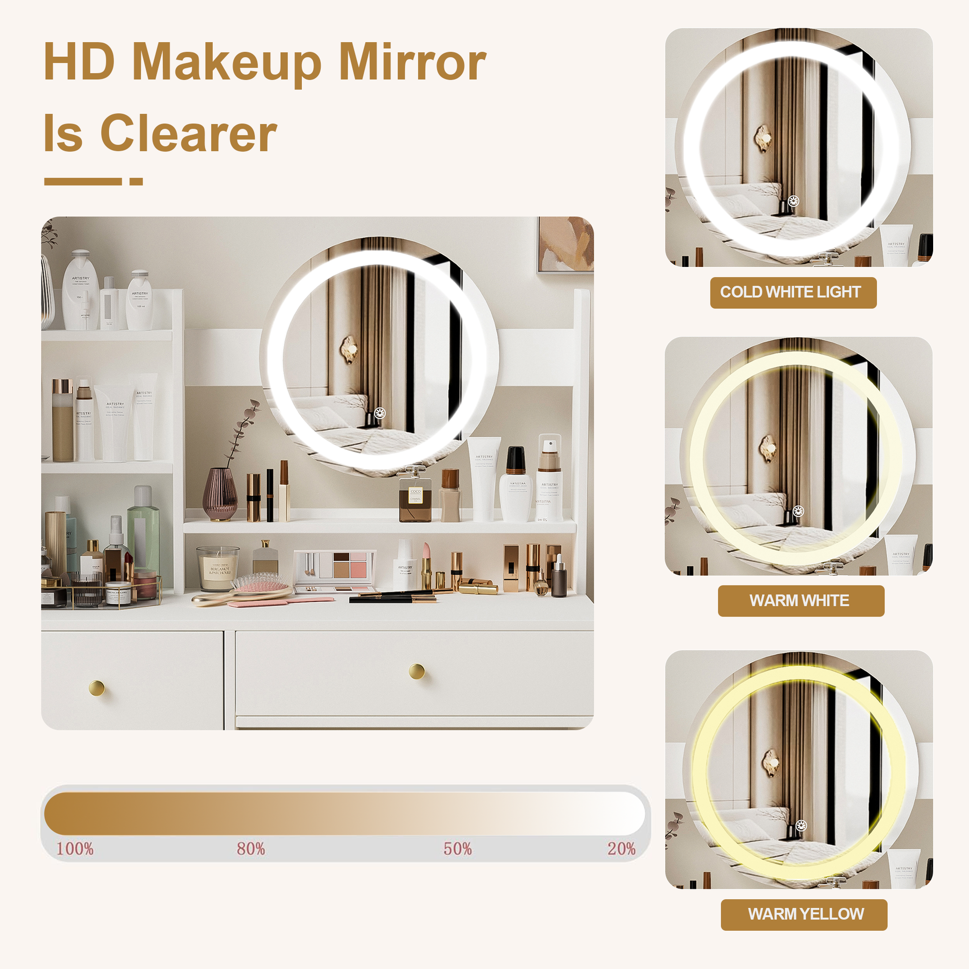 Vanity mirror and LED lighting on a chic fashion vanity desk