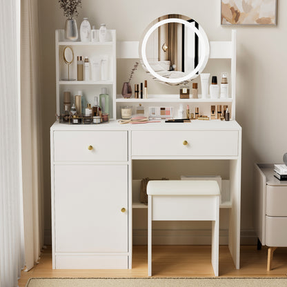 Fashion Vanity Desk with Mirror & LED Lights – Cushioned Chair, 3-Color Lighting, Fashion Vanity, LED Makeup Table, Vanity Mirror