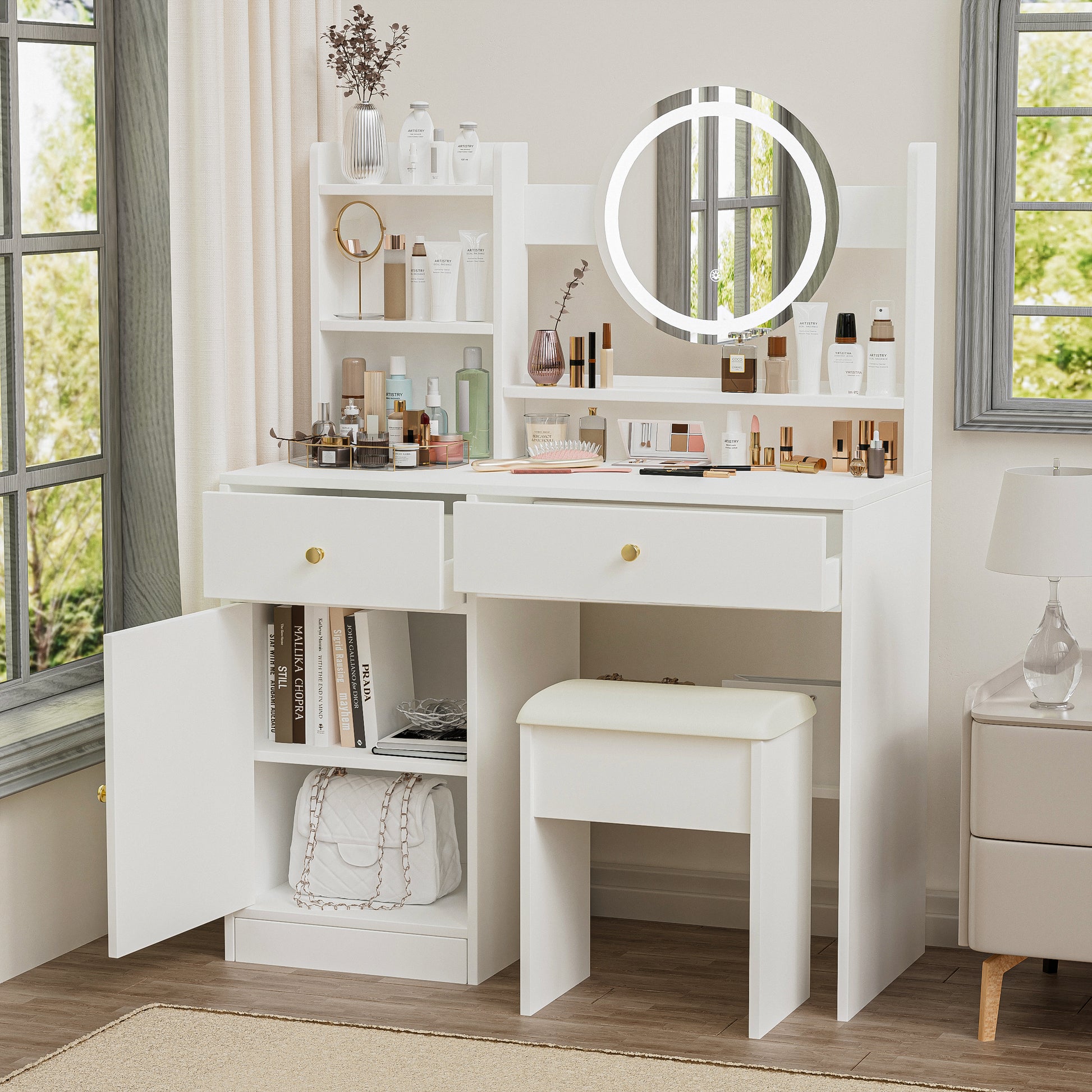 Fashion vanity desk with LED mirror and cushioned chair