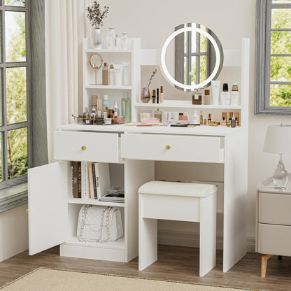 Fashion Vanity Desk with Mirror & LED Lights – Cushioned Chair, 3-Color Lighting, Fashion Vanity, LED Makeup Table, Vanity Mirror