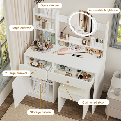 Fashion Vanity Desk with Mirror & LED Lights – Cushioned Chair, 3-Color Lighting, Fashion Vanity, LED Makeup Table, Vanity Mirror
