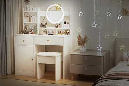 Fashion Vanity Desk with Mirror & LED Lights – Cushioned Chair, 3-Color Lighting, Fashion Vanity, LED Makeup Table, Vanity Mirror