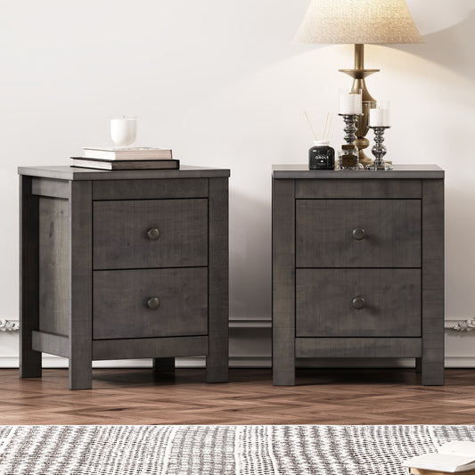 Farmhouse Wooden Nightstand Set of 2 with Retro Design, Wood Side Table with Storage Cabinet for Bedroom, Antique Gray