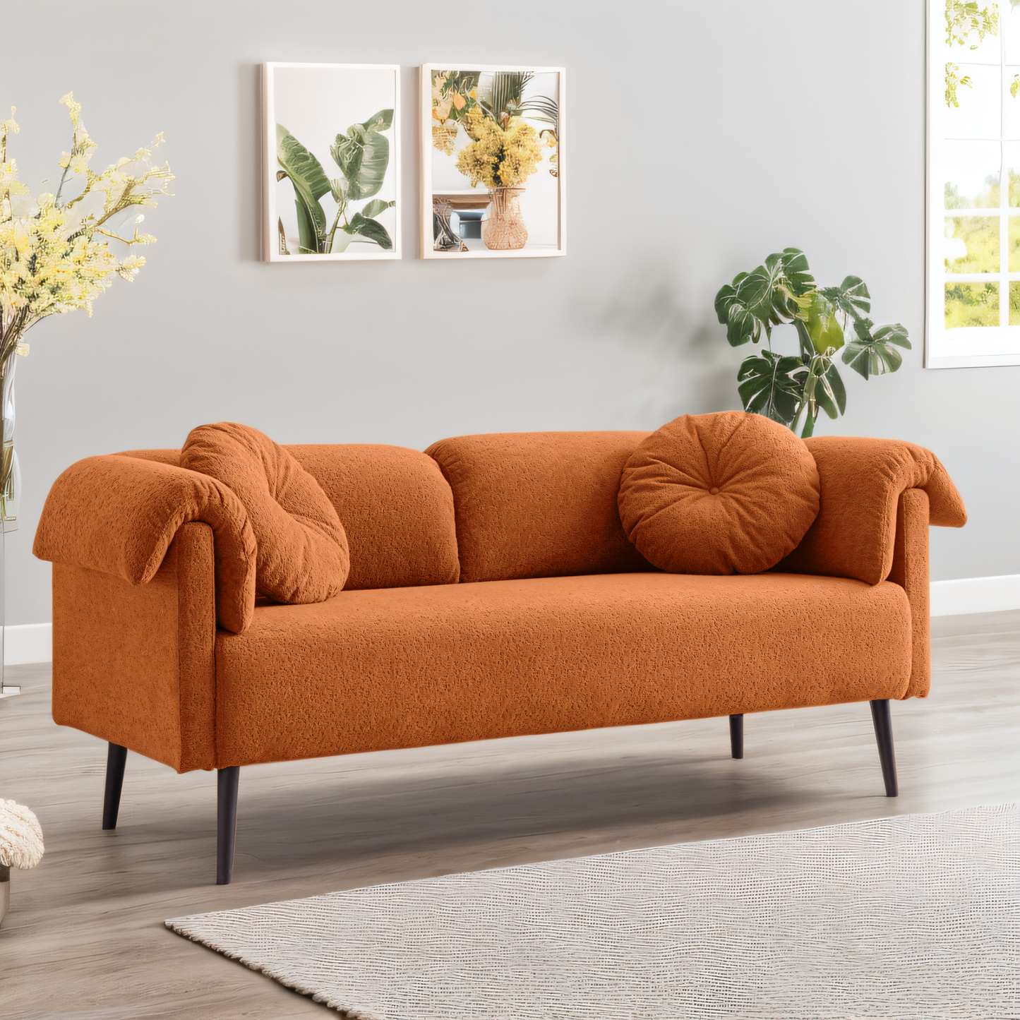 68.5" Modern Lamb Wool Sofa With Decorative Throw Pillows for Small Spaces