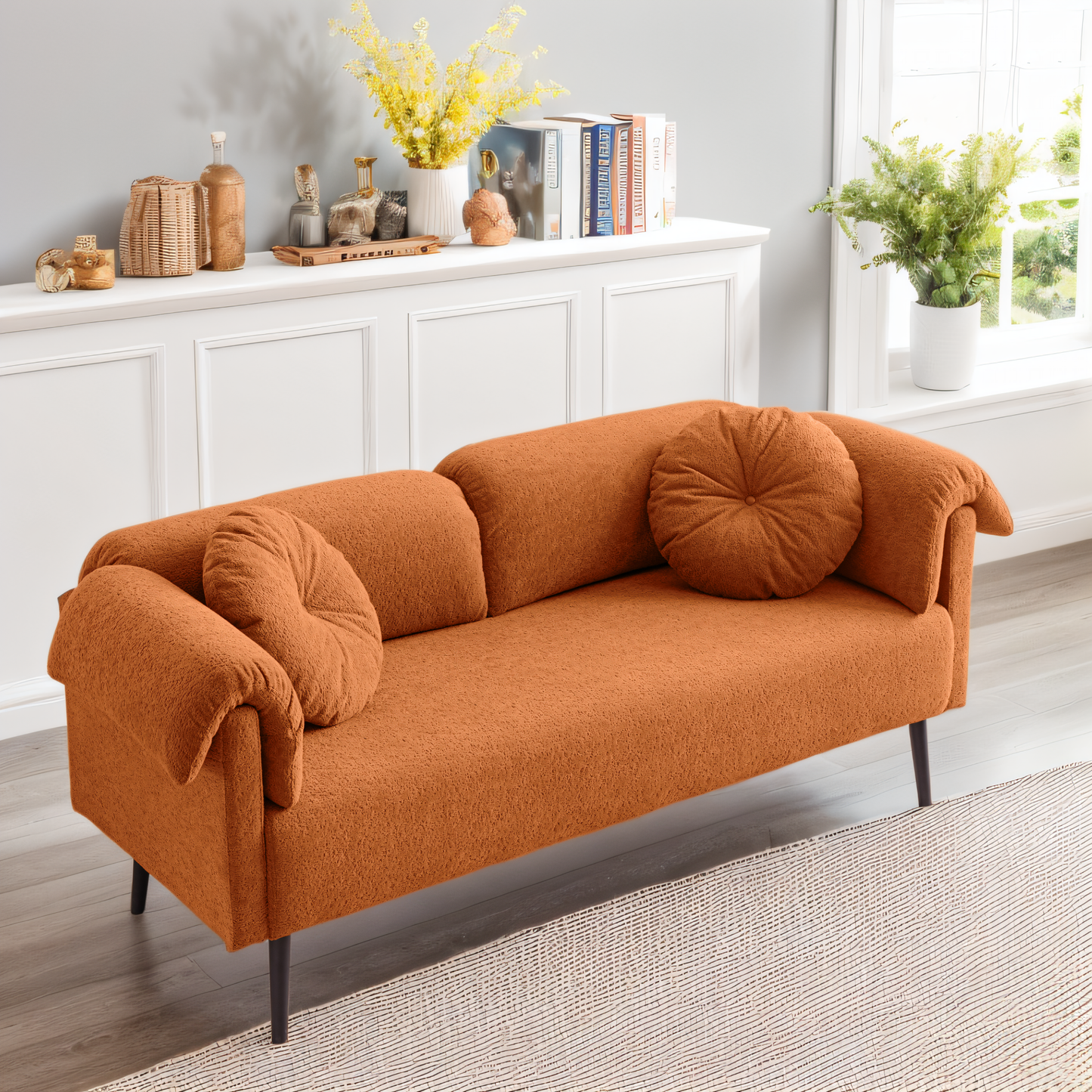 68.5" Modern Lamb Wool Sofa With Decorative Throw Pillows for Small Spaces