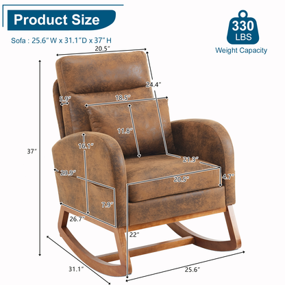 Rustic Microfiber Nursery Rocking Chair with Thick Headrest, Upholstered Mid-century Modern Nursing Rocker Glider with Curved Armrest, Sturdy Solid Wood Base for Living Room, Bedroom, Baby Room