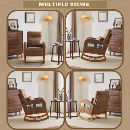 Rustic Microfiber Nursery Rocking Chair with Thick Headrest, Upholstered Mid-century Modern Nursing Rocker Glider with Curved Armrest, Sturdy Solid Wood Base for Living Room, Bedroom, Baby Room