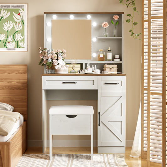 Farmhouse makeup vanity desk with mirror and 3 LED lighting modes