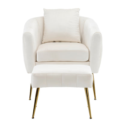 Velvet Accent Chair Set Barrel Chair with Ottoman Modern Club Chair Reading Armchair with Lumbar Pillow for Living Room, Bedroom, Study Room, Home Office Off-White